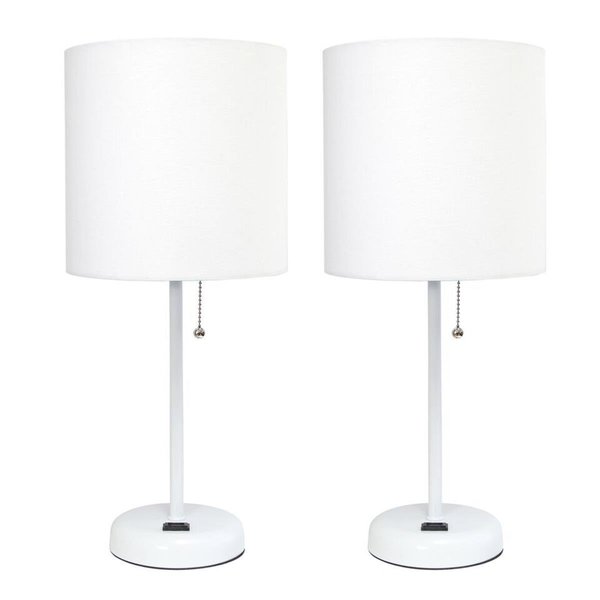 Diamond Sparkle White Stick Table Lamp with Charging Outlet & Fabric Shade, White - Set of 2 DI2519791